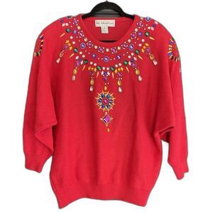 Vintage Multicolor Hand Stitched Jewel Beads Artsy Glam 90s Rare Unique Sweater